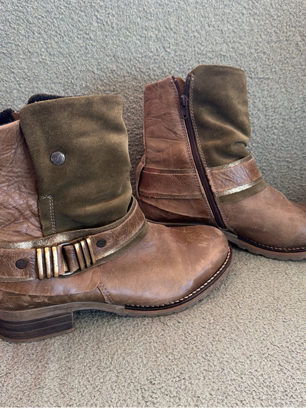 Women's Brown & Olive Ankle Boots with Decorative Strap